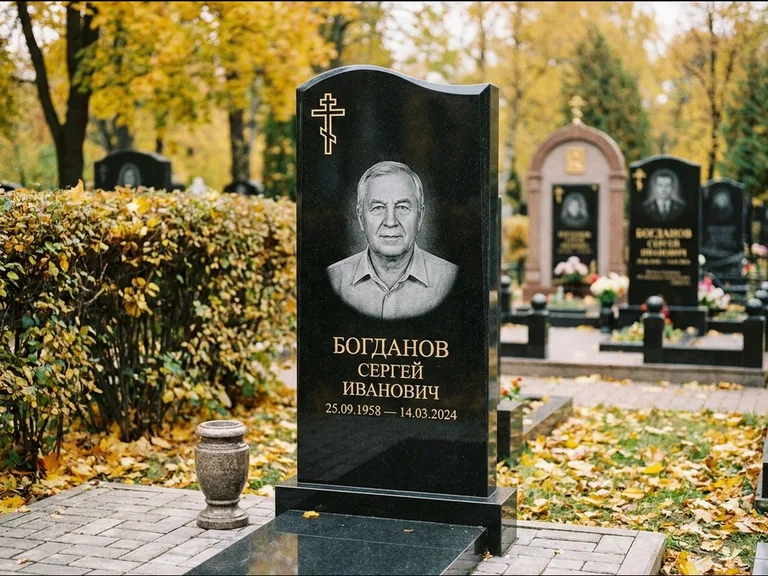 Памятник из чёрного гранита — стела с цветником с процветшим крестом с виноградной лозой, работа «Журавлёв» в Санкт-Петербурге