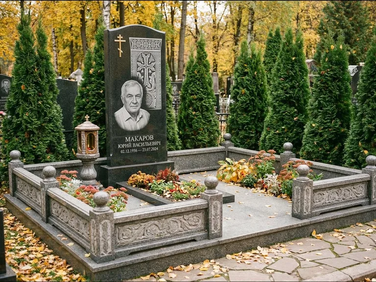 Памятник из чёрного гранита — стела с крестом и лампадой с армянским хачкаром, работа «Гущин» в Санкт-Петербурге
