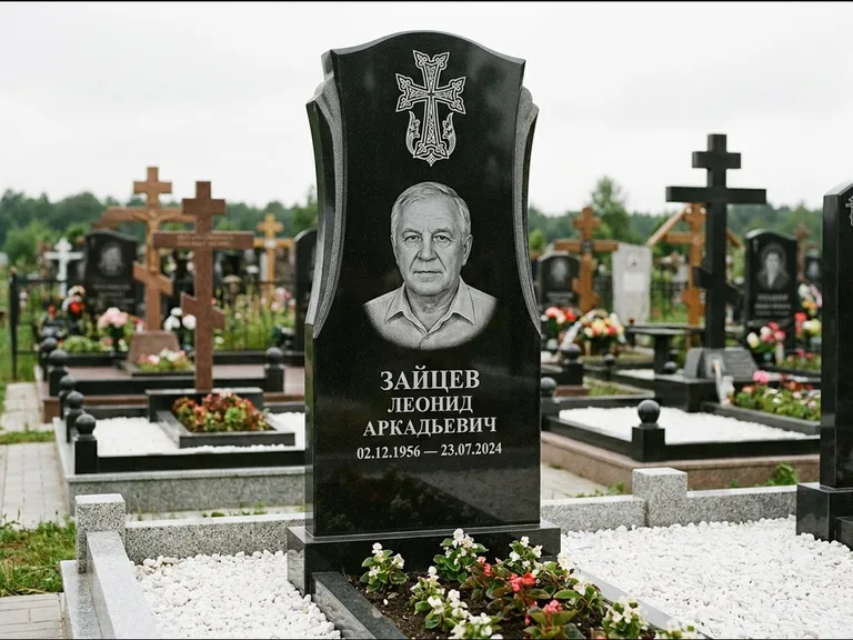 Памятник из чёрного гранита — семейная стела на двоих с армянским хачкаром, работа «Журавлёв» в Санкт-Петербурге