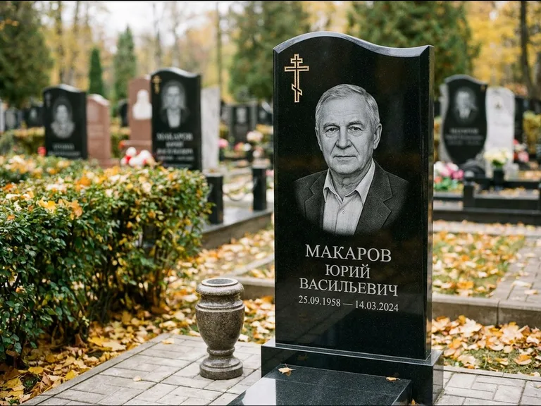 Памятник из чёрного гранита — фигурная стела с киот-нишей с процветшим крестом с виноградной лозой, работа «Богданов» в Санкт-Петербурге