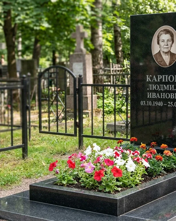 Памятник под ключ с низкой оградой и цветником в Санкт-Петербурге