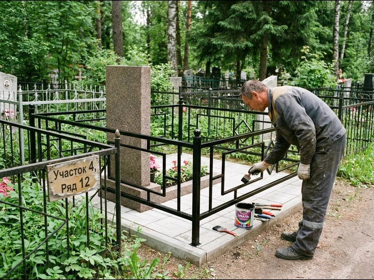Покраска оградки на кладбище в Санкт-Петербурге — мастер красит металлическую ограду на могиле чёрной эмалью
