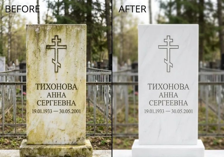 Восстановление мраморного надгробия от желтизны: до и после в Санкт-Петербурге