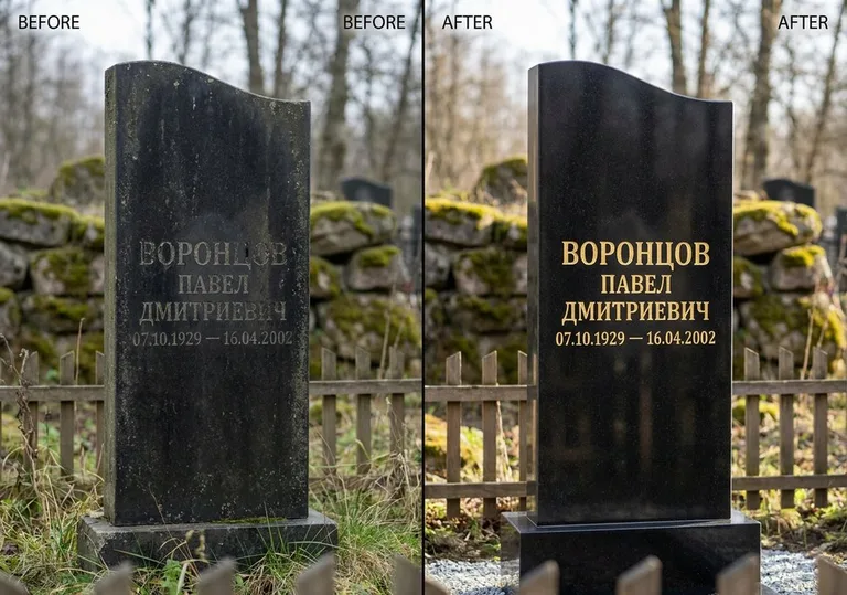 Золочение и обновление надписей на памятнике: до и после в Санкт-Петербурге