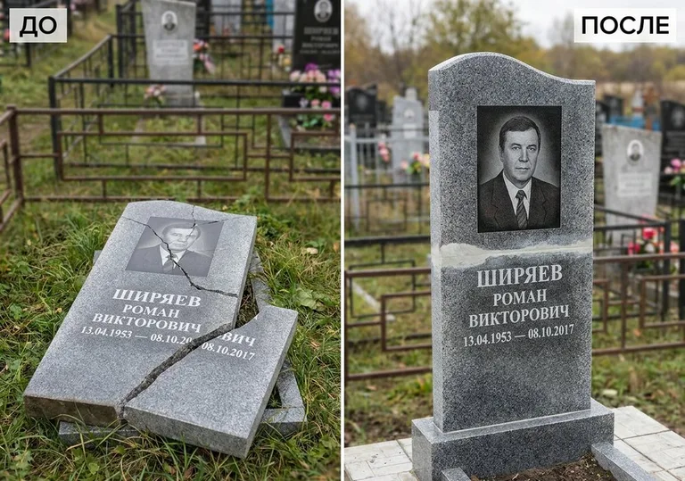 Обновление золочёных букв на граните: до и после в Санкт-Петербурге