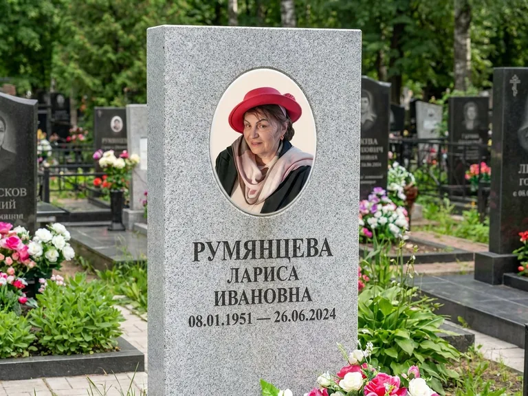 Портрет на памятнике в Санкт-Петербурге — Цветной портрет → овальная фотокерамика на светлом камне