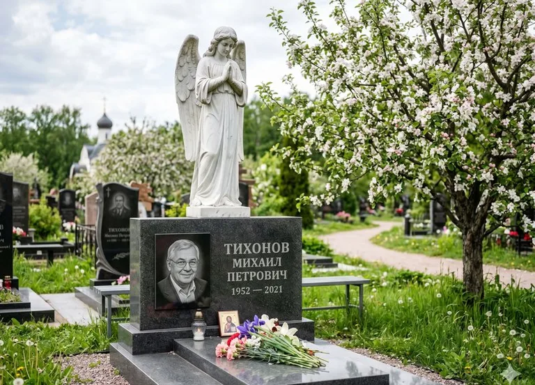Мраморный молящийся ангел на гранитном памятнике весной в Санкт-Петербурге