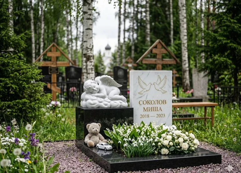 Белый ангелочек на детском памятнике в Санкт-Петербурге