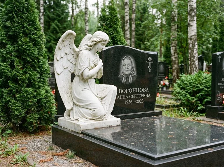 Белый мраморный ангел на гранитном памятнике в Санкт-Петербурге