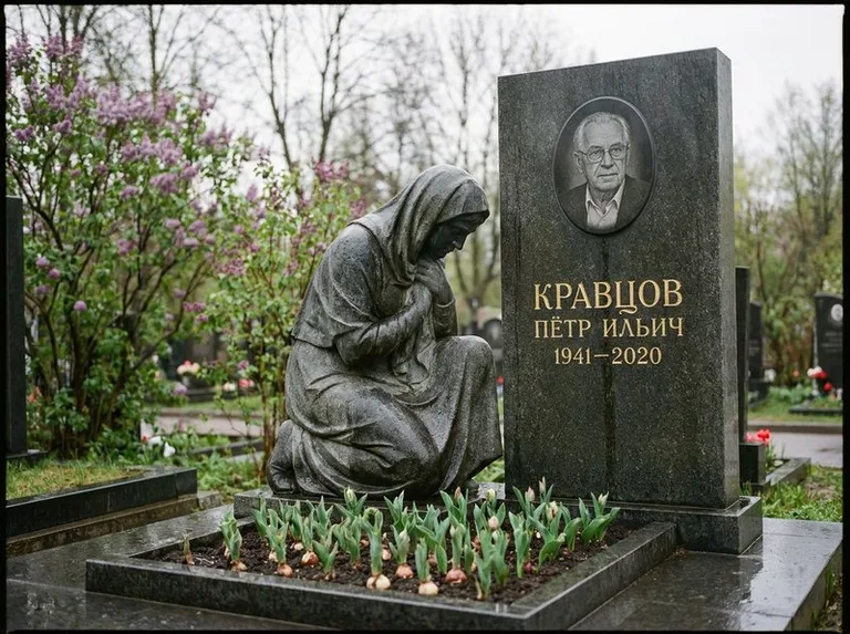 Гранитная скорбящая фигура у стелы на кладбище в Санкт-Петербурге
