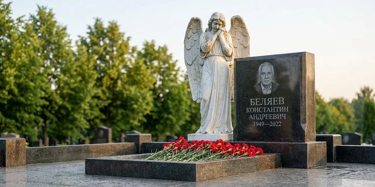 Скульптура на памятник в Санкт-Петербурге — мраморный ангел на гранитном мемориале