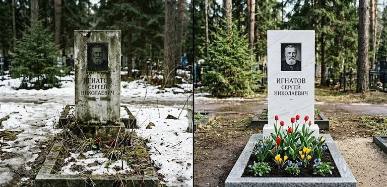Диптих №6: высадка хризантем у подножия серого гранита — до и после уборки в Санкт-Петербурге