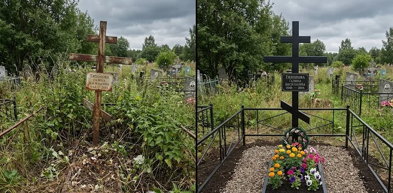 Уборка могилы до и после в пасмурный день — крест в Санкт-Петербурге