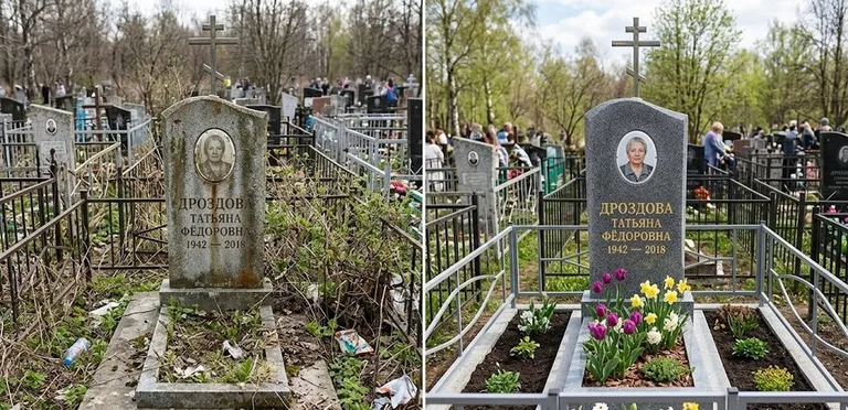 Диптих №4: свежепокрашенная серебром оградка и отмытый красный гранит — до и после в Санкт-Петербурге