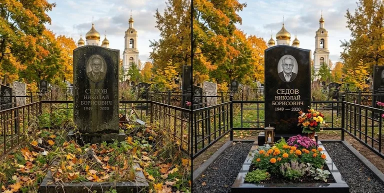 Уборка могилы до и после осенью — у церкви в Санкт-Петербурге