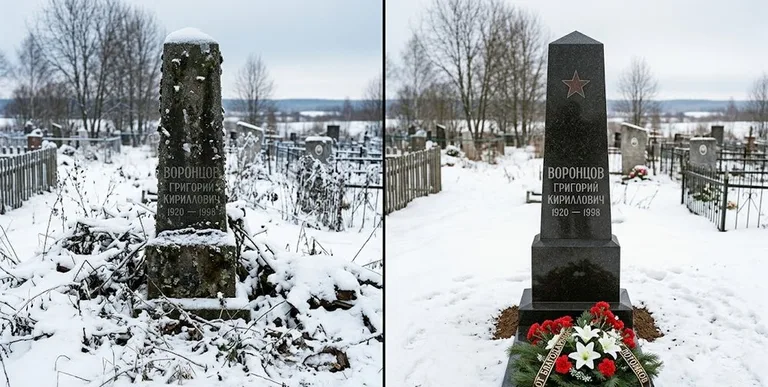 Уборка могилы до и после зимой — воинский обелиск в Санкт-Петербурге