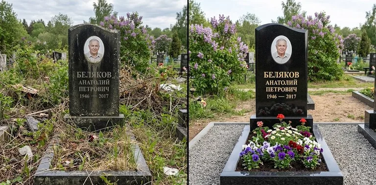 Уборка могилы до и после весной — цветущая сирень в Санкт-Петербурге