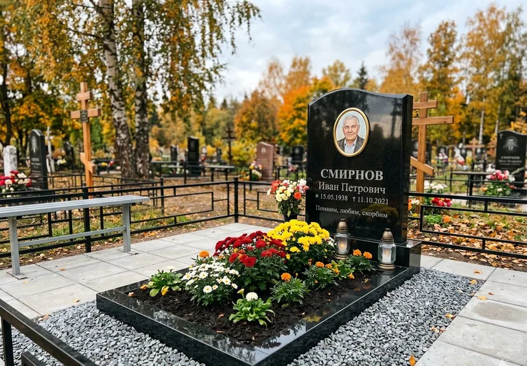 Ухоженная могила после уборки и мойки памятника в Санкт-Петербурге