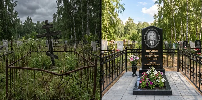 Благоустройство могилы до и после установки памятника в Санкт-Петербурге