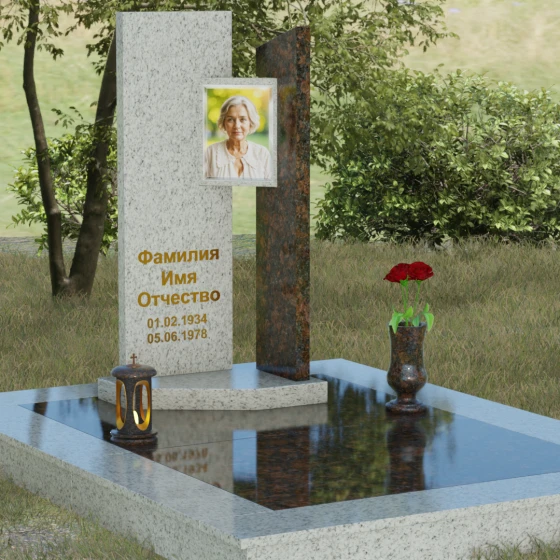 Вертикальный памятник со ступенчатым вырезом, гранит Мансуровский, вид 2