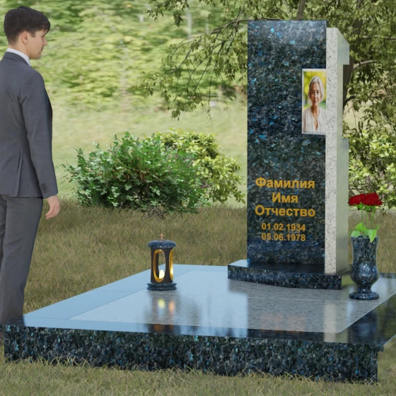 Вертикальный памятник со ступенчатым вырезом, гранит Блю Перл, вид 4