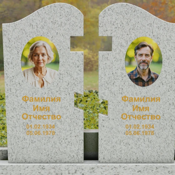 Двойной гранитный памятник-пазл с волной, гранит Мансуровский