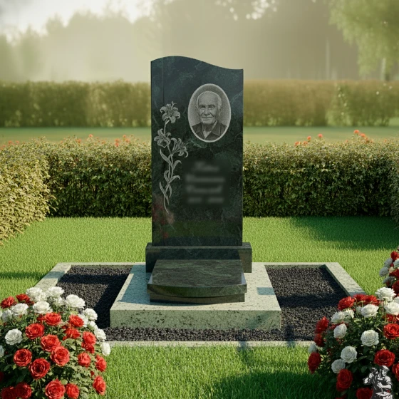 Гранитный памятник-волна с гравировкой лилий, гранит Балтик грин