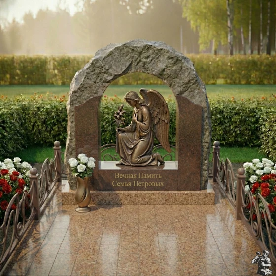 Мемориальная композиция с аркой и бронзовым ангелом, гранит Дымовский