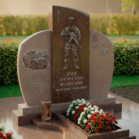 Элитный гранитный памятник воину с бронеавтомобилем, гранит Дымовский