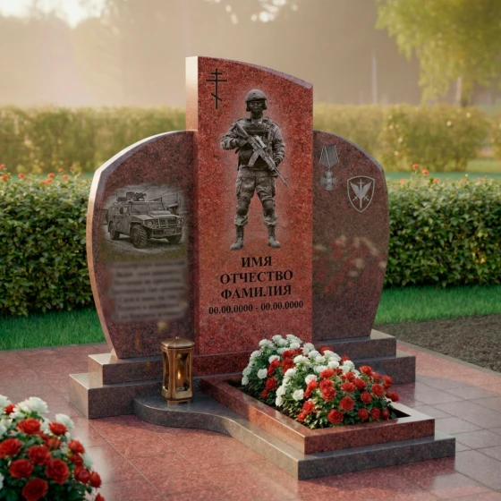 Элитный гранитный памятник воину с бронеавтомобилем, гранит Лезниковский