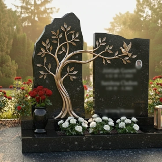 Гранитный памятник с бронзовым древом и голубем, гранит Габбро-диабаз
