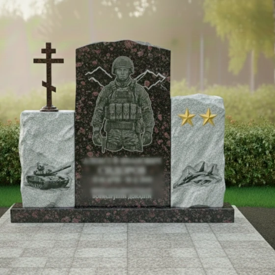 Гранитный памятник воину с православным крестом, гранит Лезниковский