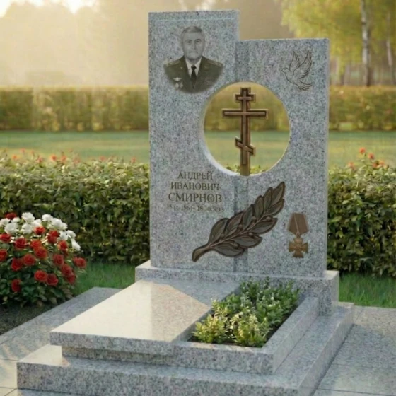 Гранитный памятник с круглым проемом и голубем, гранит Мансуровский