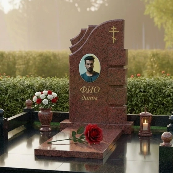 Гранитный мемориал с тройным каскадом и крестом, гранит Лезниковский