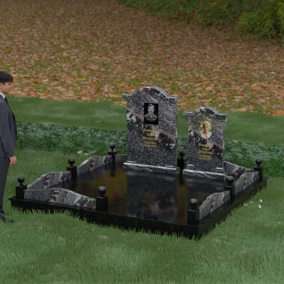 Вертикальный двойной гранитный памятник с купольными навершиями, гранит амфиболит, вид 4