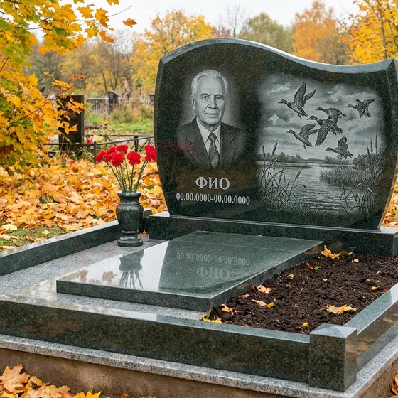 Гранитный памятник охотнику с арочным верхом с кабаном