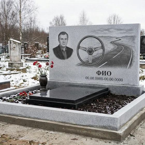 Гранитный памятник дальнобойщику с уходящей вдаль дорогой