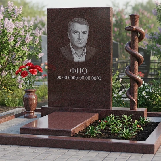 Гранитный памятник врачу с символом медицины