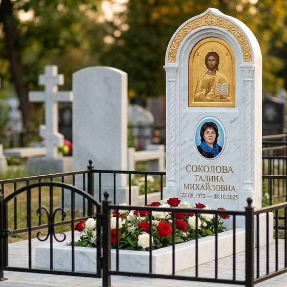 Памятник с иконой Спасителя из белого мрамора