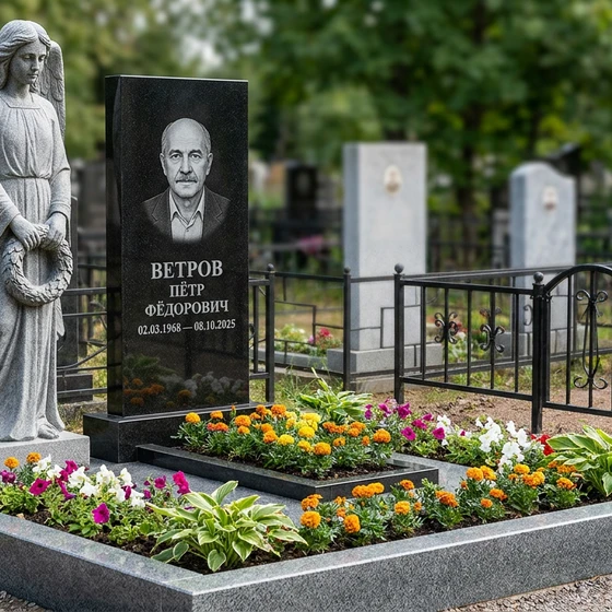 Памятник с ангелом и крылом из габбро-диабаза