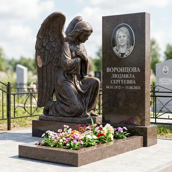 Памятник с коленопреклонённым ангелом из дымовского гранита с крылом