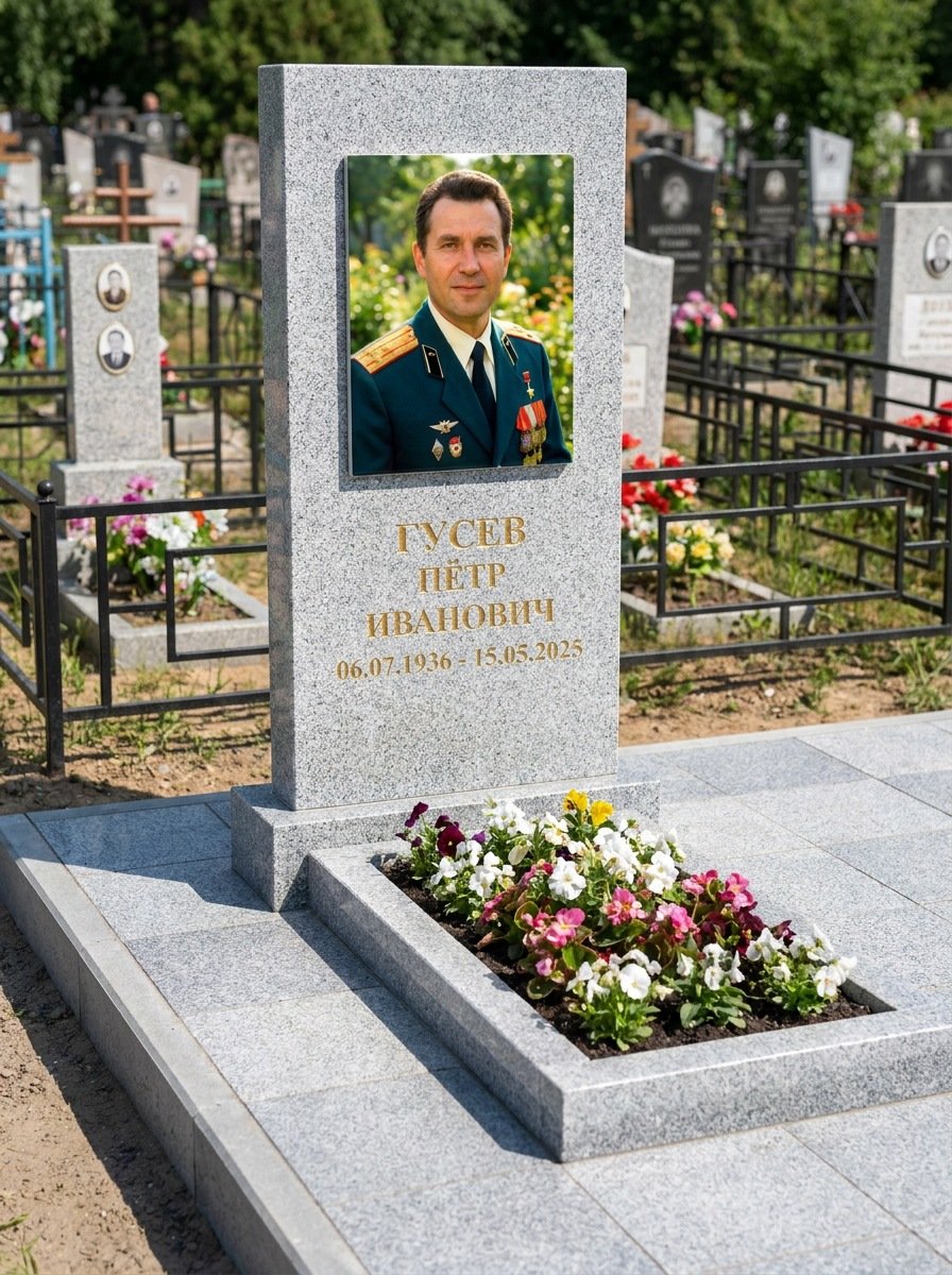 Портрет на памятнике в Санкт-Петербурге — Прямоугольник на гранитной стеле, ФИО и даты на портрете